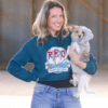Woman Wearing Cropped Hoodie with Red Logo in Atlantic Blue