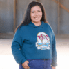 Woman Wearing Cropped Hoodie with Red Logo in Atlantic Blue