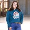 Woman Wearing Cropped Hoodie with Red Logo in Atlantic Blue