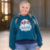 Woman Wearing Cropped Hoodie with Red Logo in Atlantic Blue