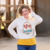 Woman Wearing Cropped Hoodie with Red Owl Logo in Heather Dust