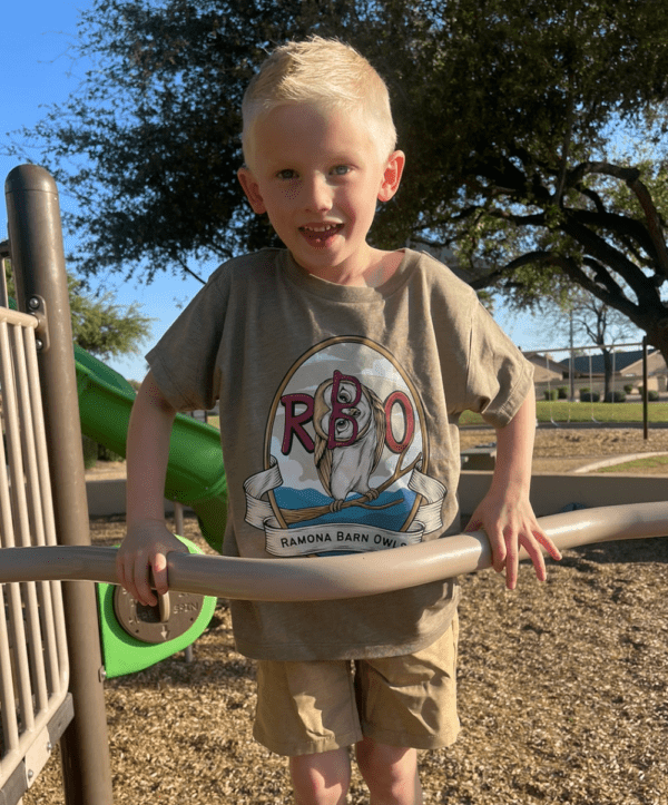 Toddler Boy Wearing Ramona Barn Owl Tee in Olive Green