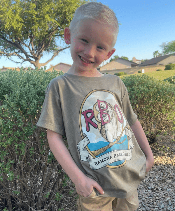 Toddler Boy Wearing Ramona Barn Owl Tee in Olive Green