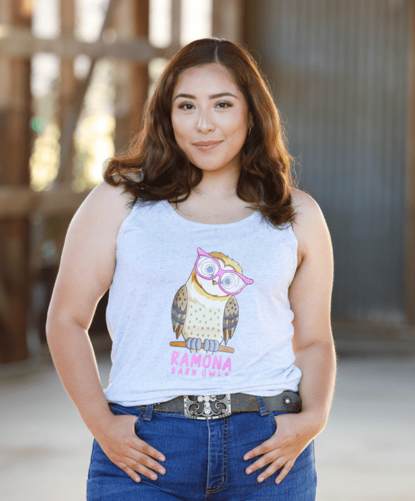 Woman Wearing Ramona Barn Owl Tank in White Fleck