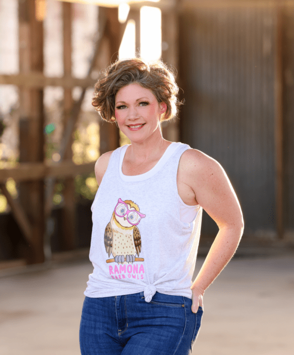 Woman Wearing Ramona Barn Owl Tank in White Fleck