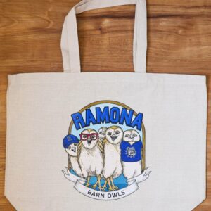 Large natural canvas tote with 5 Guys owl design.