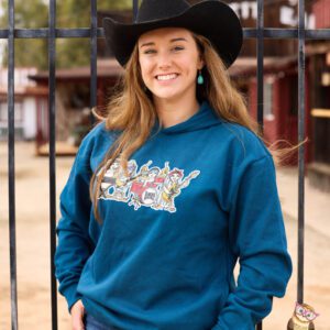 Woman in tidal blue hoodie with black cowboy hat