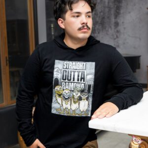 Man wearing black hooded long sleeve shirt with Straight Outta owl design.
